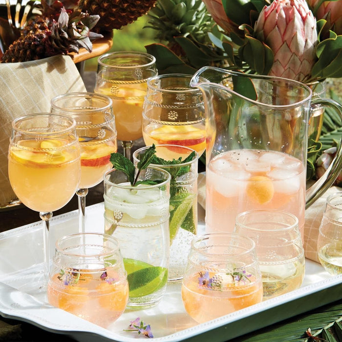 Acrylic drinkware on a melamine serving tray.