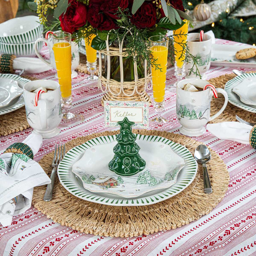 The whimsical Berry & Thread North Pole Salad plate is the perfect accent to the Sitio Stripe Basil Dinner Plate.